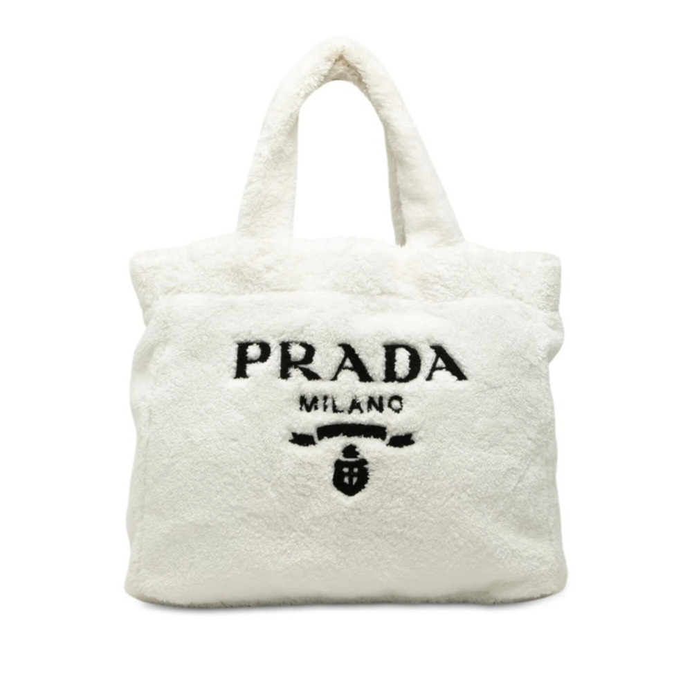 Prada Triangle Logo Plate Tote Bag Handbag White Terry Cloth Women's PRADA